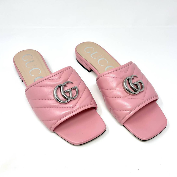 Gucci Shoes - Gucci GG Marmont Quilted Leather Logo Slip On Slide Flat Sandals Pink  EU 37